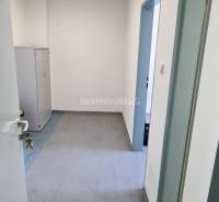 Interior of an office with white walls, a lockable cabinet, and a floor with a wood design.