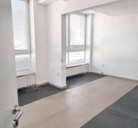 Offices with large windows and gray flooring in a neutral color.