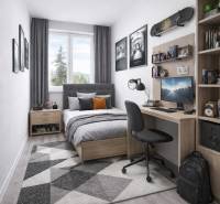 A room with a wooden floor decor, a bed, and a desk in a three-room apartment.