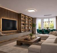 A stylish living room with a sofa, wooden decor flooring, and a large TV in a 3-room apartment.