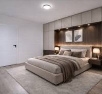 A bedroom in a 3-room apartment with carpet, wood-patterned flooring, and built-in cabinets.