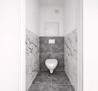 A toilet with marble tiles in a 3-room apartment.