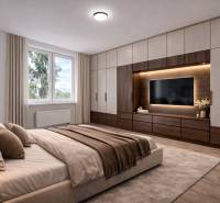 A bedroom in a 3-room apartment with a large bed, cabinets, and a TV on the wall.