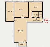 Floor plan of a 3-room apartment with a bedroom, children's room, kitchen, and living room with a balcony.