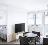 Bright living room in a two-room apartment with a television and a dining table.