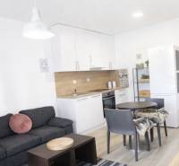 Living room with kitchen in a two-room apartment, floor with wooden decor.