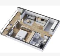 Floor plan of a 2-room apartment with a balcony and wooden decor flooring.