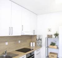 A bright kitchen in a 2-room apartment with white cabinets and decorative accessories.