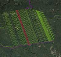 Aerial map of agricultural and forest lands in Dvorníky-Včeláre with color marking.