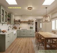 Interior of a family house with a kitchen, wooden decor, and a kitchen table with a lamp.