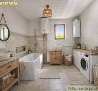 A bathroom with a bathtub, wooden furniture, and a washing machine in a family house.