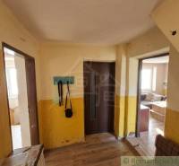 Interior of a family house with a wooden decor floor, yellow walls, coat rack, sofa.