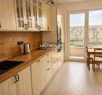 A kitchen with a wood-patterned floor, white cabinets, and a dining table in a two-room apartment.