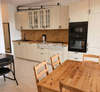 A kitchen in a 2-room apartment with white cabinets and a table with a wood decor.