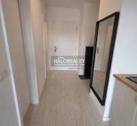 A hallway with a mirror, a floor with a wooden decor, and a kitchen unit in a 2-room apartment.