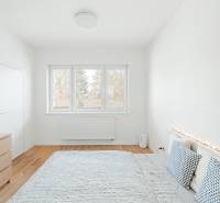 A bright bedroom in a 4-room apartment with wood-patterned flooring and decorative pillows.