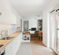 A kitchen with a wooden decor floor and a living room in a 4-room apartment.