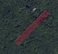 Aerial view of agricultural and forest land around Zlatníky, marked with red lines.