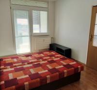 A bedroom in a 3-room apartment with a bed and a wooden decor floor.