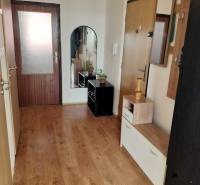 A hallway of a 3-room apartment with a wooden decor floor and a coat rack wall.
