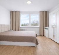 Bedroom with a double bed, wardrobe, and wooden decor flooring in a 2-room apartment.