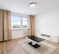 Living room with wood-patterned flooring, a table, and a white cabinet in a two-room apartment.