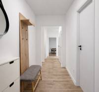 A hallway in a 2-room apartment with a wooden decor floor and a wall-mounted coat rack.
