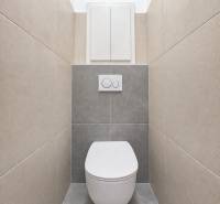 A minimalist bathroom with a wall-mounted toilet and tiles in a two-room apartment.