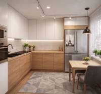 A kitchen with a wood-decor floor in a 3-room apartment, equipped with appliances and a dining table.