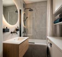 Bathroom in a 3-room apartment with a shower, sink, washing machine, and illuminated mirror.