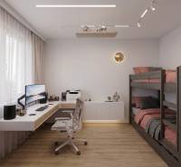 A room in a 3-room apartment with beds and a desk, floor with wooden decor.