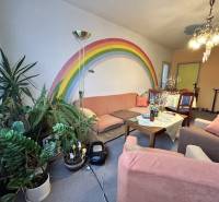 Living room with a colorful rainbow and greenery in a 3-room apartment.