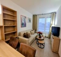 Living room in a 2-room apartment with a sofa, TV, shelves, and a wooden decor floor.