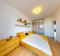 Bedroom in a 3-room apartment with wood decor and modern storage space.