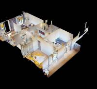 3D visualization of a 3-room apartment with a wooden decor floor.