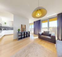 A bright living room with wood-patterned flooring and spacious windows in a three-room apartment.