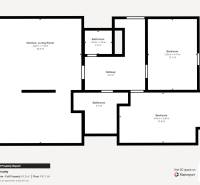 Floor plan of a 3-room apartment with a living room and kitchen, two bathrooms, and a hall.