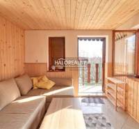 Interior of a garden with a sofa, wooden wall paneling, and open doors to the terrace.