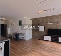 Living room in a two-room apartment with a wooden decor floor and stone cladding.
