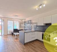 Kitchen and living room in a 2-room apartment with a wooden decor floor, access to the terrace.