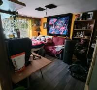 A room in a family house with colorful decorations and a wooden-patterned floor.