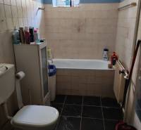Bathroom with a bathtub and toilet in a family house, with dark tiles and a window.