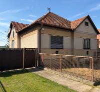 A family house in Belinice with a garden, fence, and gate, all against the backdrop of a blue sky.