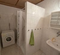 A bathroom in a family house with a washing machine and a shower.