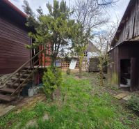 A courtyard with stairs and a wooden shed for living in Bohdanovce.