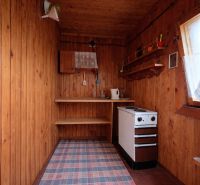 Wooden walls, stove, and shelves in an interior with a wood-patterned floor.