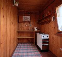 Wooden walls, stove, and shelves in an interior with a wood-patterned floor.