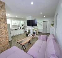 Living room of a family house with stone cladding and a kitchenette.