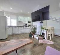 A kitchen in a family house with white furniture, decorative plants, and a wooden decor floor.