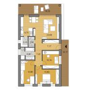 Floor plan of a family house with a wooden decor floor and spacious rooms.